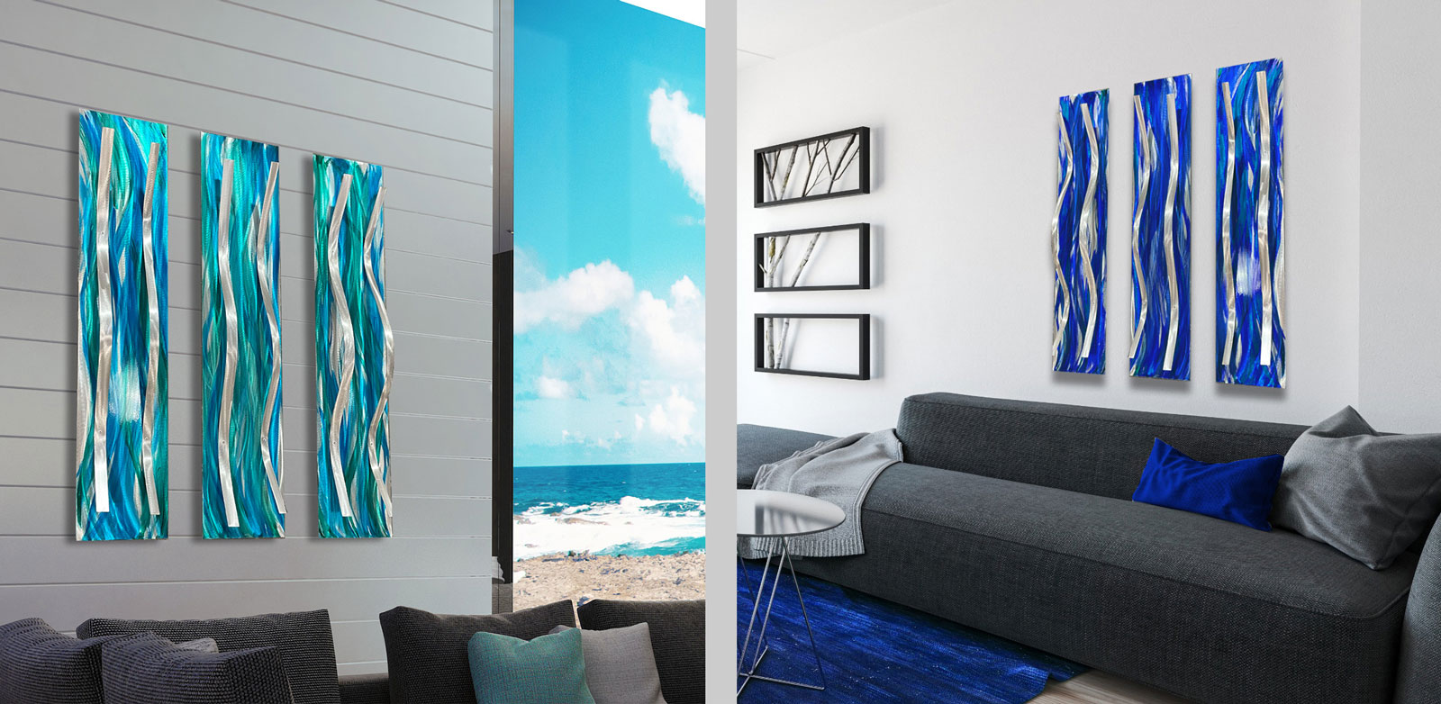 Tides Teal and Cobalt Blue Metal Abstract Wall Sculptures By Dustin Miller