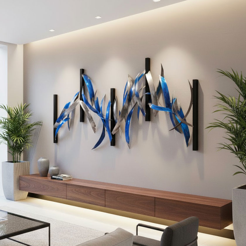 blue metal wall sculpture