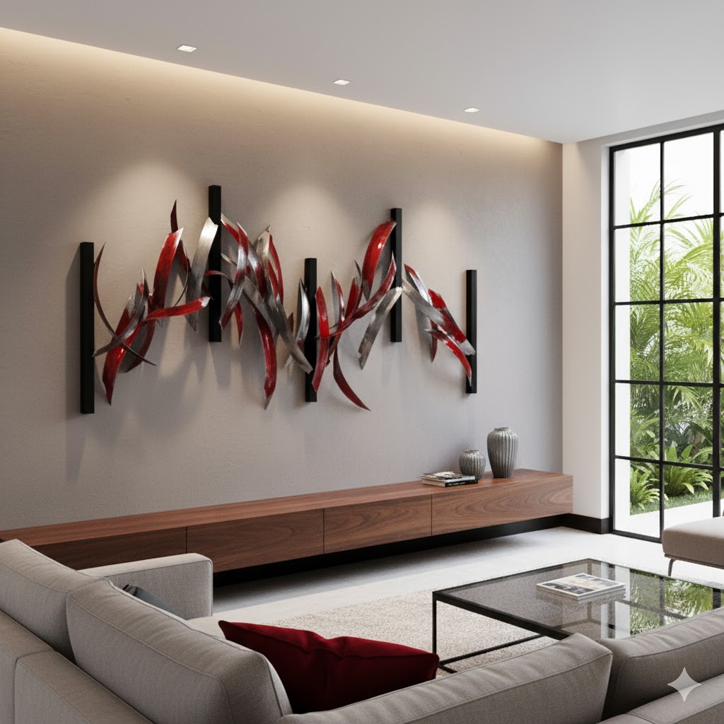 red metal wall sculpture
