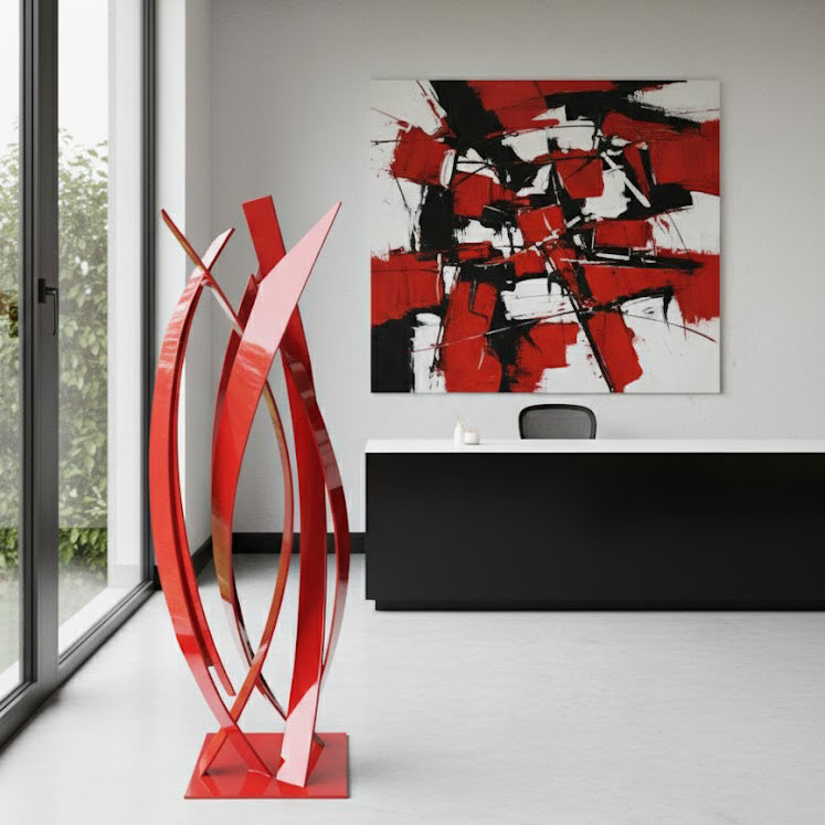 Red abstract metal sculpture
