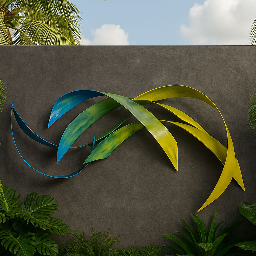 blue yellow wall sculpture